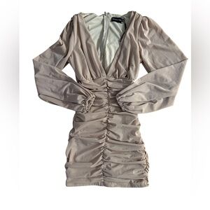 PLT mini dress blush sheer long sleeve ruched bodice dress romantic cute bodycon